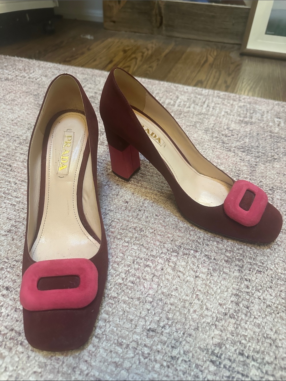 Prada Burgundy Suede Colorblock Heels